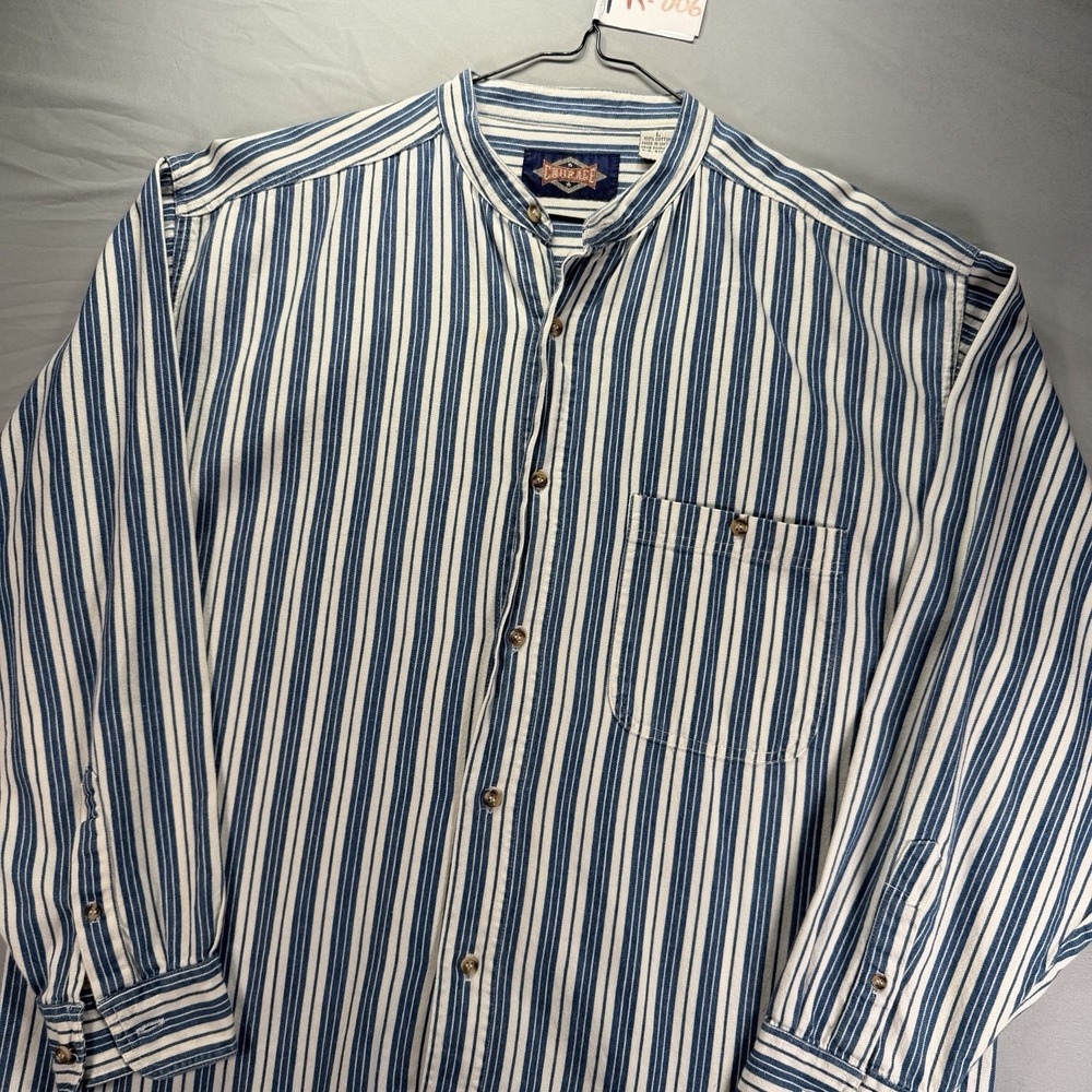 Vintage Grandpa Button Up Shirt Mens Large Blue White Striped Blade Band Collar